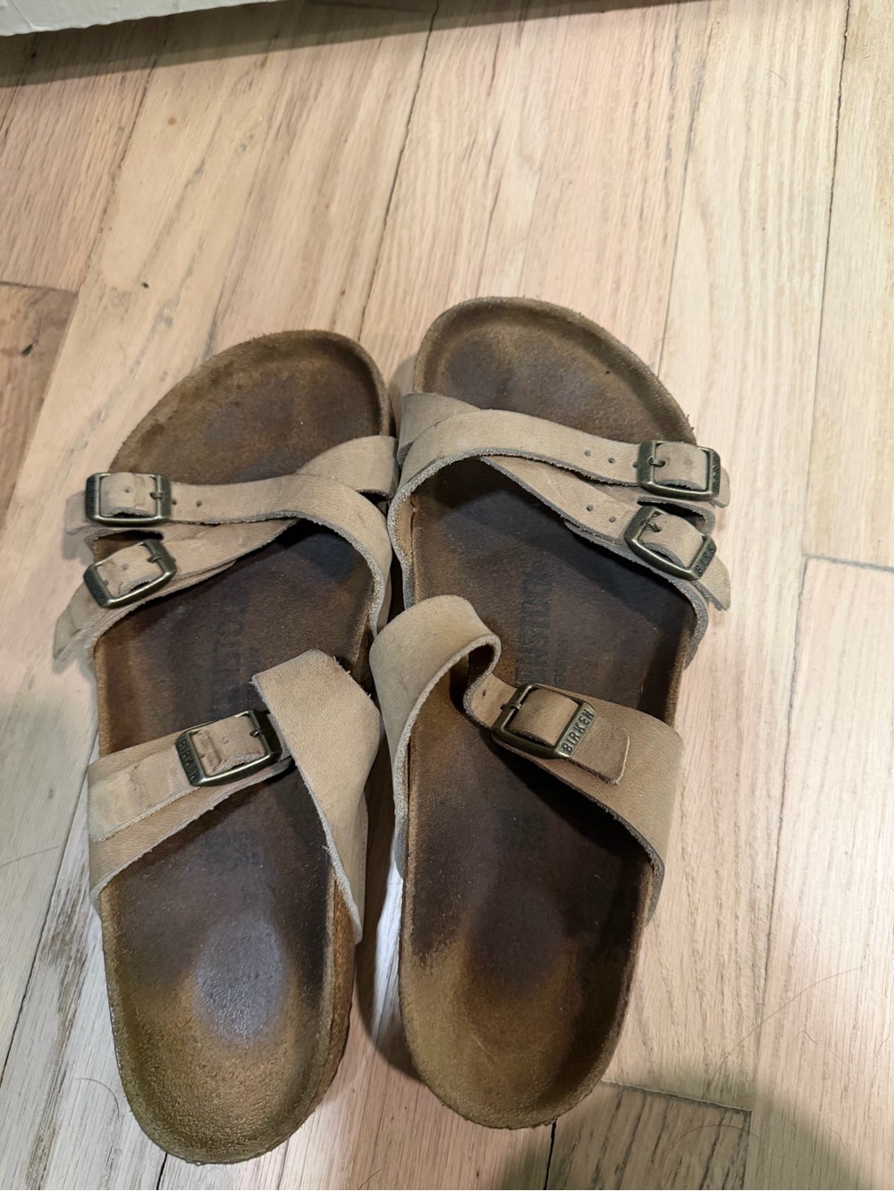 Birkenstock Taupe Suede Triple-Strap Slide Sandals